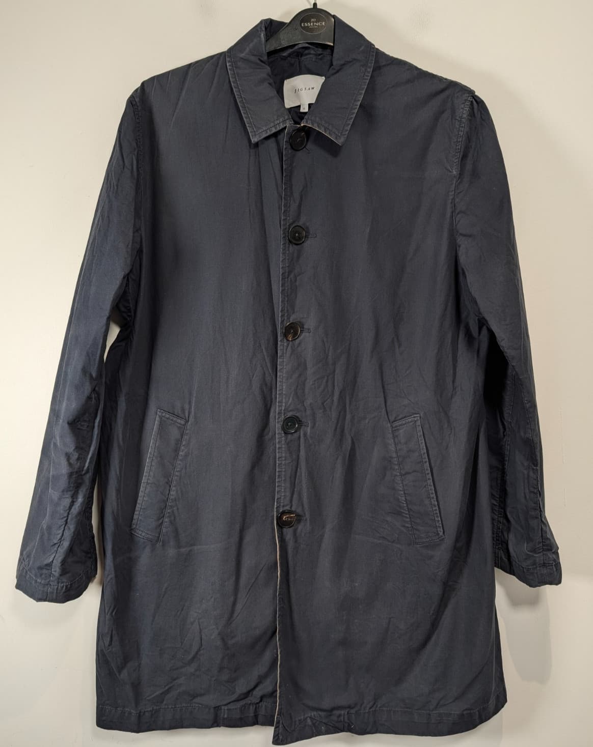 Jigsaw Trench Coat Mens XL Navy Blue Side Long Classic Button Up Mac Jacket