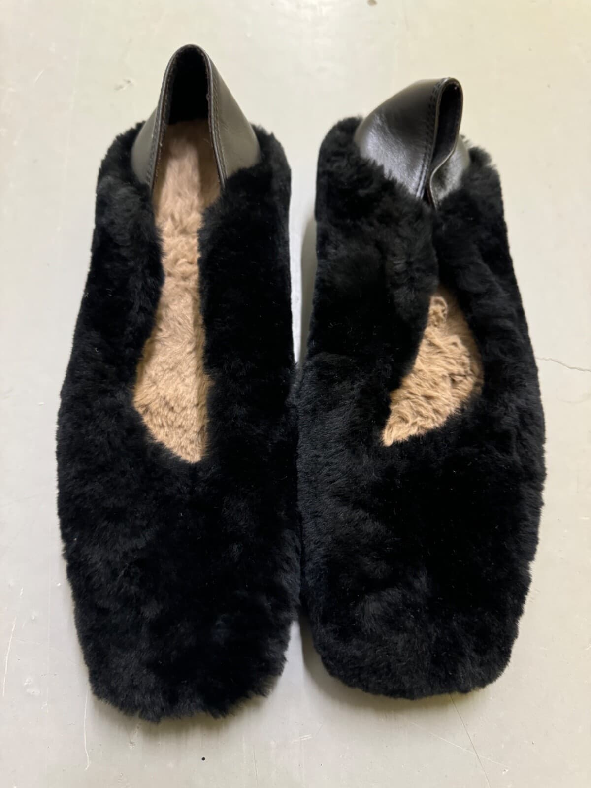 black fur ballerina square toe shoes, similar to COS shoes,  2cm heels size 36, 