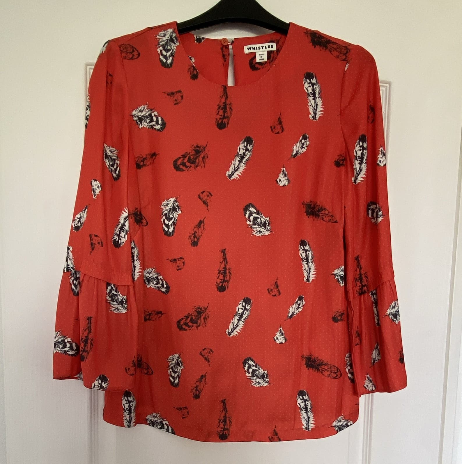 Whistles Orange Feather Print Blouse Size 6 Round Neck 3/4 Flared Sleeve