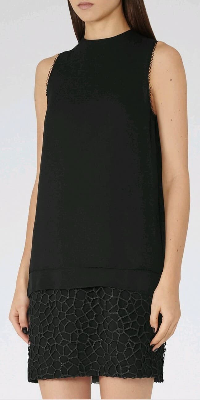 Designer REISS Coral dress size 8 --USED ONCE-- black lace skirt layered 