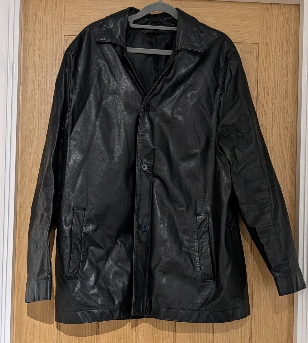 Mens Vintage Reiss London Black Leather Jacket Coat Mid Length Trench Medium 