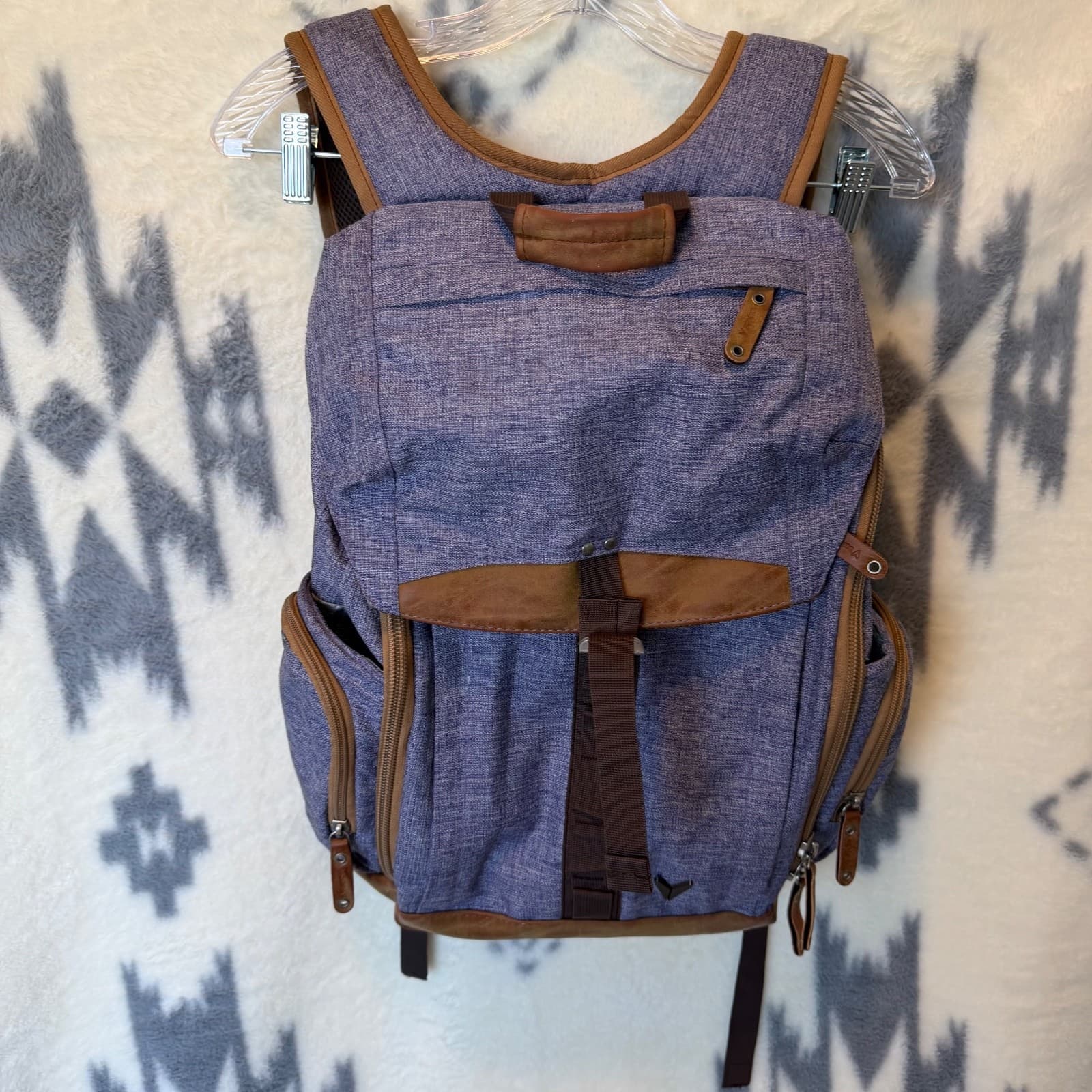 Bondka Jigsaw Backpack Heather Blue Canvas Tan Leather Daypack 