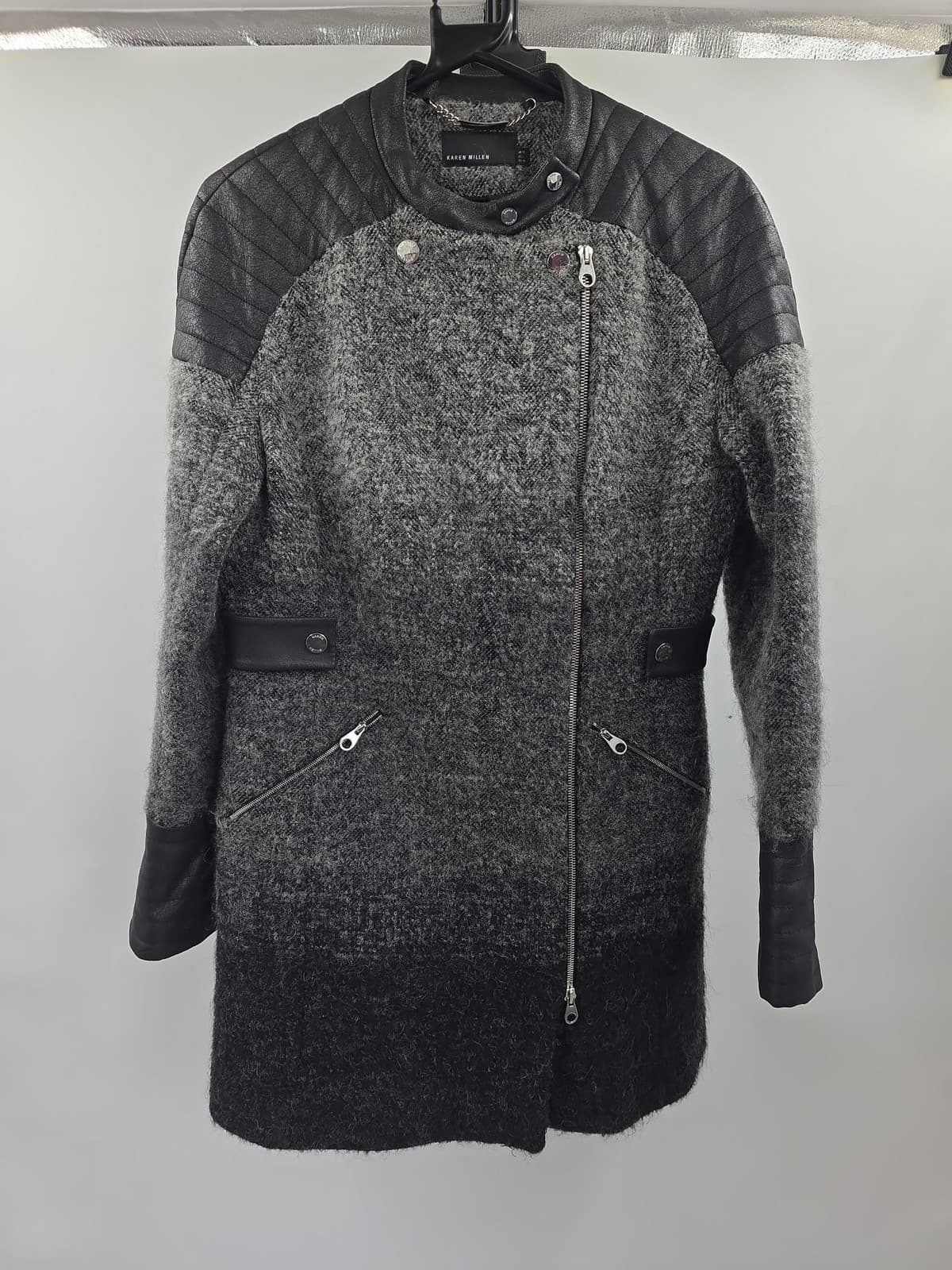 Karen Millen Wool Blend Biker Jacket UK 12 Black Grey Quilted Shoulders