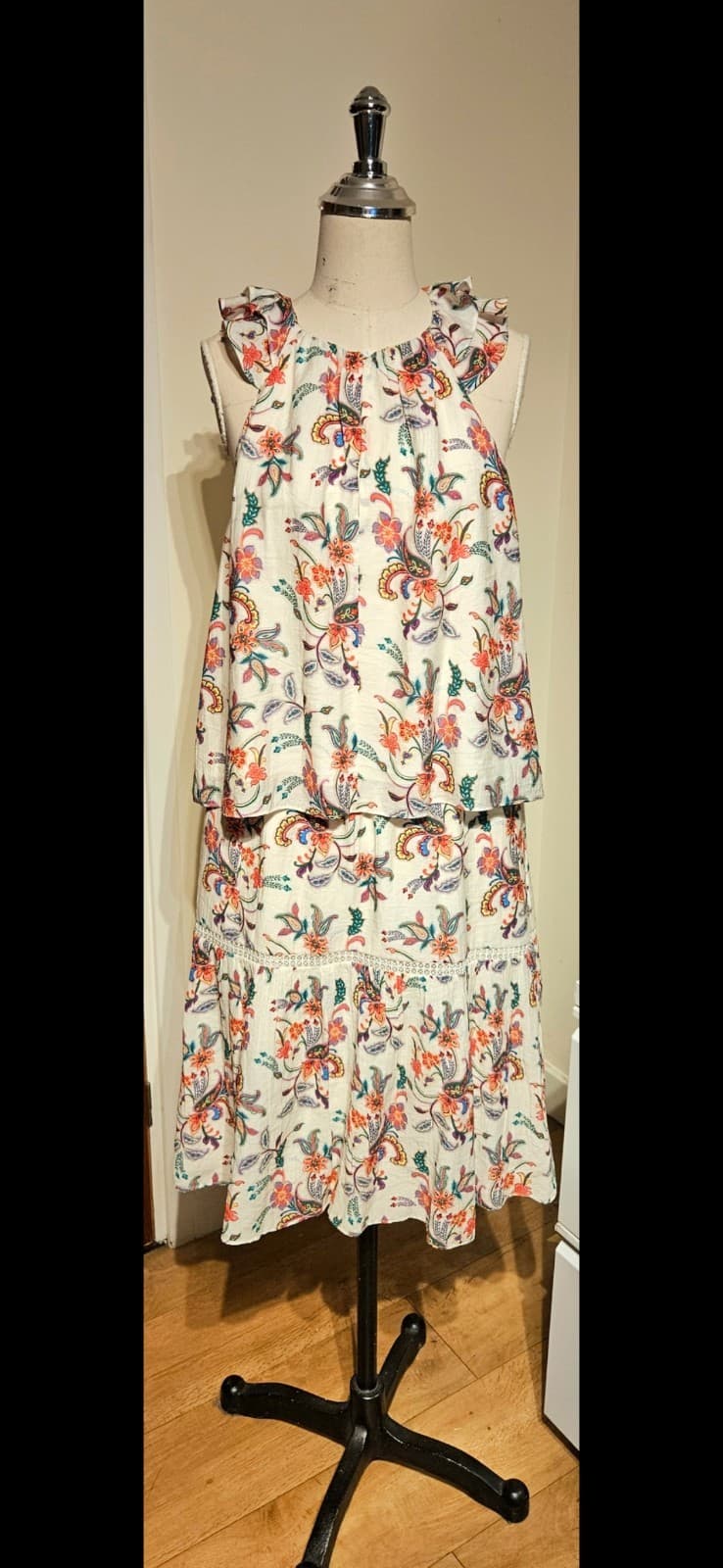 Me+Em 2 PC Multicoloured Cream Floral Frilled Embroidered Top & Midi Skirt UK12