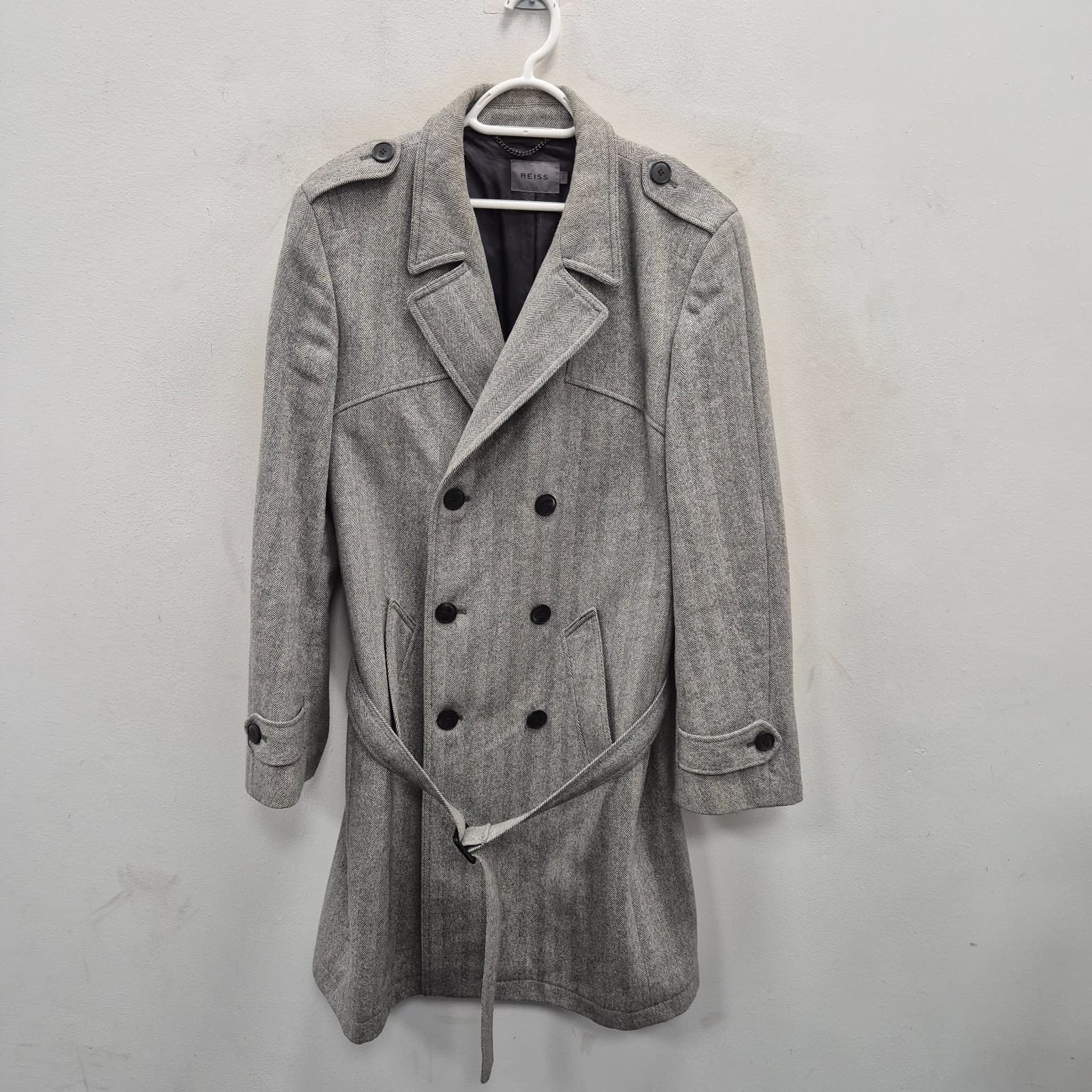 Reiss Belted Double Breasted Wool Blend Herringbone Grey Peacoat Trench Large