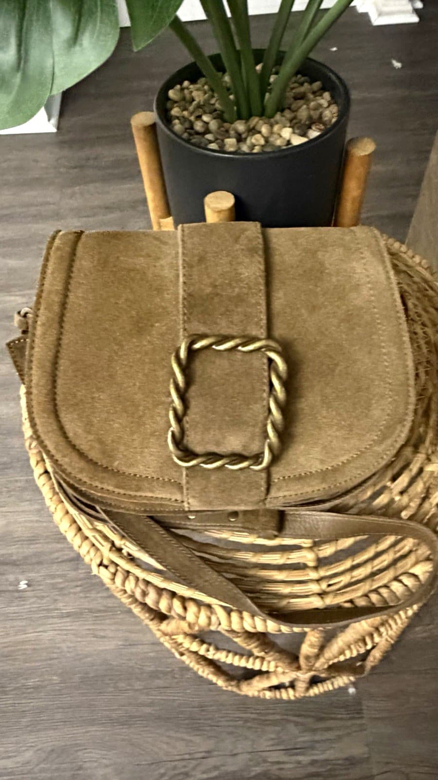 MNG Mango Brown Genuine Suede Leather Crossbody Bag Boho Buckle